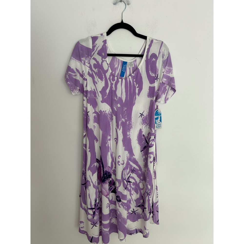 Island Beach Purple White Sea Turtle Starfish Rayon Shift Dress Womens L/XL NEW
